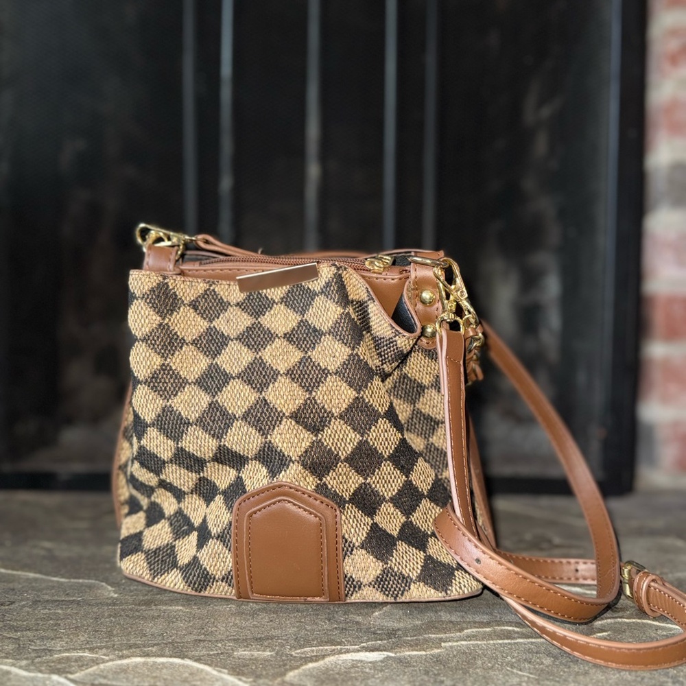Elegant Brown Checkered Crossbody Bag